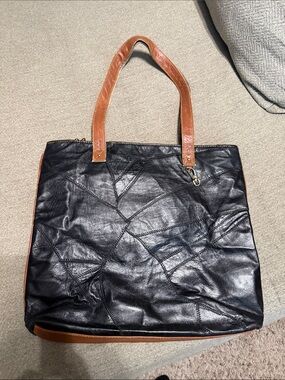 Vaan & Co Women's Black & Brown Leather Patchwork Tote Bag